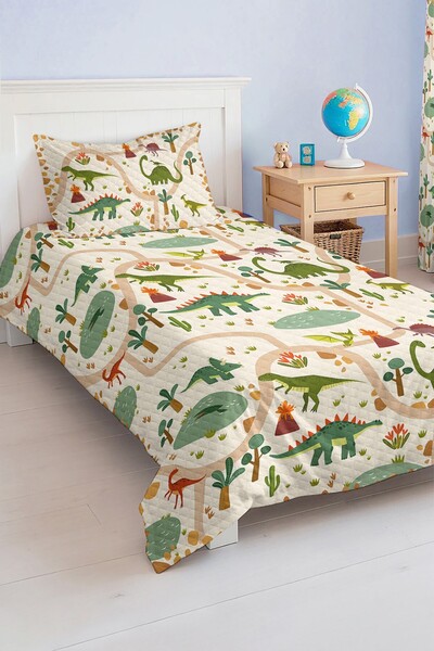 Realhomes مجموعة بيكيه مفردة لغرفة الأطفال باللونين الأخضر والبيج بنمط الديناصور