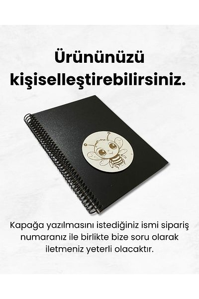 Tasarım Siyah Defter Black Leaf Notebook with Cute Bee Figure and Wooden Cover - Memory, Album, Poetry Notebook