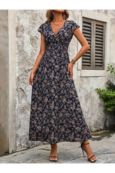 İpeksi Silky Women's Short Sleeve Double Breasted Collar Floral Print Elastic Waist Single Jersey Long Dress