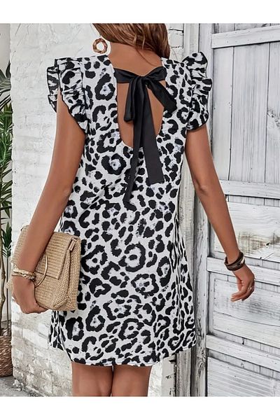 Simala Rochie mini micro fără mâneci, cu mâneci scurte, cu mâneci scurte, cu detaliu cu volan, cu cravată la spate, cu model leopard