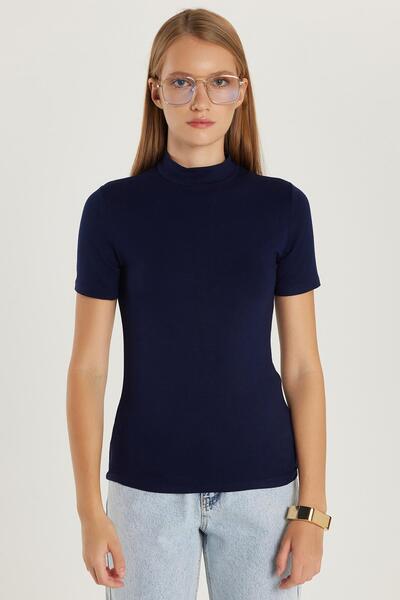 Tudors Women's Standard Fit Short Sleeve Half Turtleneck Navy Blue Blouse