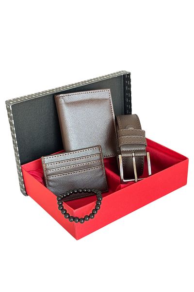 Tisaati Premium Series Special Boxed Luxury Leather Classic Vertical Wallet Belt Card Holder and Bracelet Men's Set