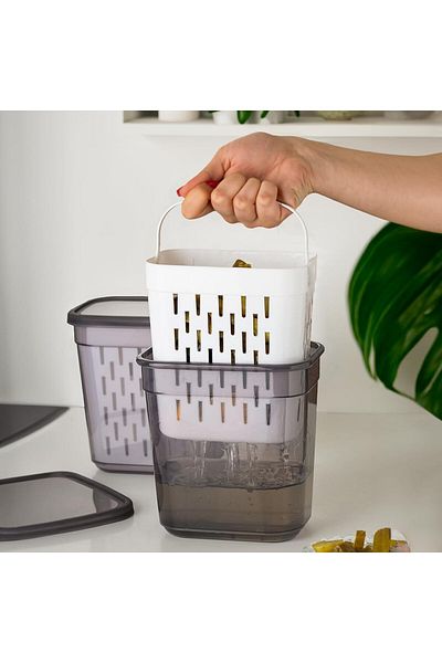 Mena Rise Şirinshop 1045 Pickle Jar with Strainer Olive Jar Multi-Purpose Rectangular Storage Container - 2 Lt Smoked