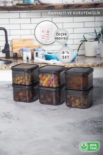 Mena Rise Şirinshop Home Food Storage Container Leakproof Lid Set of 6 Smoked - (Measuring Cup Gift) 1108