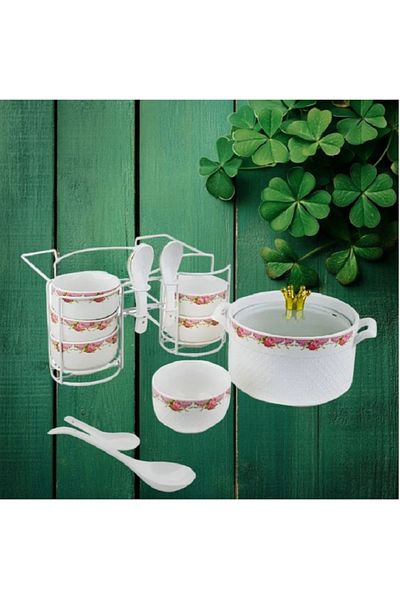 BASURRAH 16-piece white and red soup set
