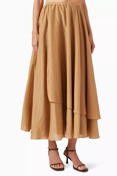 12storeez Cotton Silk Layered Maxi Skirt, Beige, Lightweight and Layered Summ...