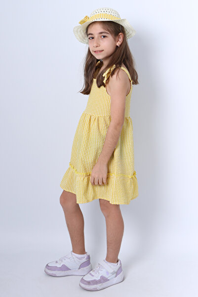 HÇM Hesaplı Çocuk Mağazaları KIZ ÇOCUK ŞAPKALI ELBİSE KARELİ FİYONKLU B33