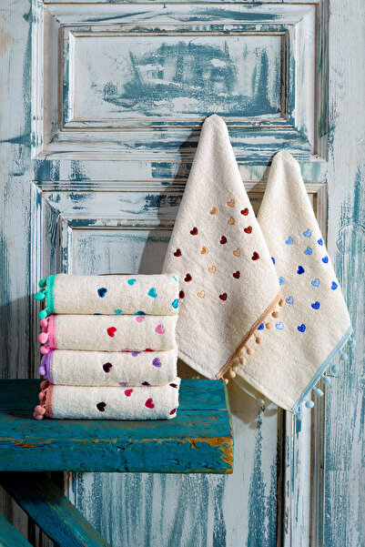 BAMİROSE 30X50 CM 6'LI KALPON NAKIŞLI PONPONLU EL & MUTFAK & YÜZ ÇEYİZLİK HEDİYELİK HAVLU SETİ