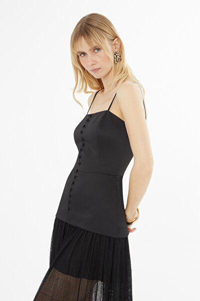 kı.we Eteği Transparan Detaylı Uzun Siyah Elbise