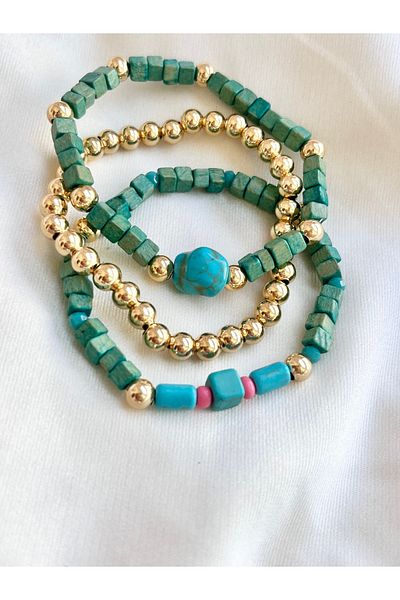 COCOSH TAKI Turquoise Wooden Beaded Multi-Combination Bracelet with Gold Details