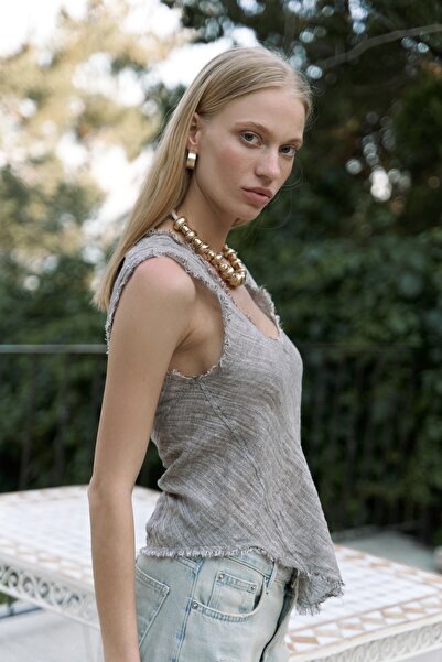 BOHEMAİ Veilinas Asymmetrical Brown Linen Crop