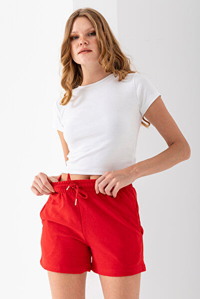 GİYSA Kadın Beli Ayarlanabilir Çift Cepli Basic Şort Kırmızı - 10038