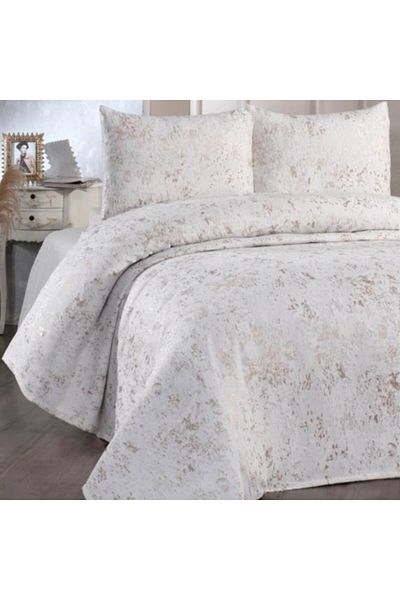 DOWRY Cuvertura jacquard tip chenille 230x240 cm + 2 fete de perna, Slayka Crem cu auriu