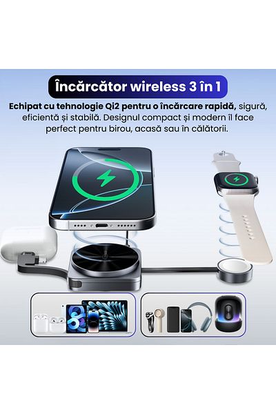 BRAGUS 3 In 1 Wireless Charger, Magsafe, Fast Charging 15w, Adjustable, Apple Compatible, Gray