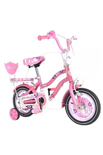 rexa children's bicycle with training wheels rear seat and a floral design, referred to as a girls' bike