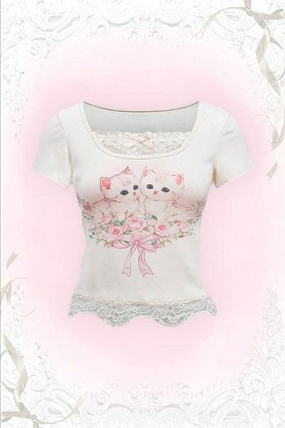 Karakedi White Kawaii Cat Lace Detailed Y2K Short Sleeve Crop