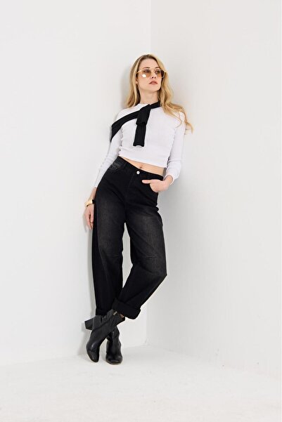 LAMİRAMOOD Black Double Belt with Epaulettes Adjustable Wide Leg Wide Leg Super High Waist Women's Pants