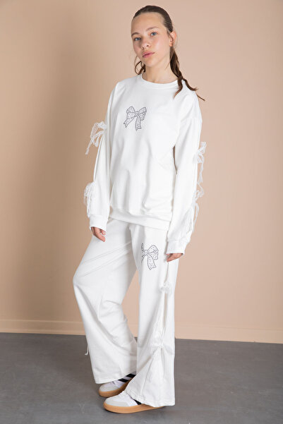 Cansın Mini Ecru Wide Leg Girl's Tracksuit Set with Bow Detail on the Sides 21197