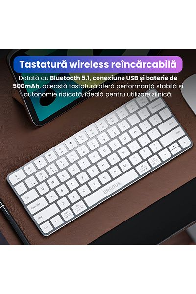 BRAGUS Rechargeable wireless keyboard, Bluetooth 5.1, USB, 500mAh, aluminum, All Devices, silver