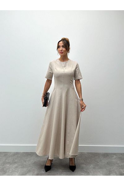 Maldia Shop Rochie de damă din in crem de lungime maxi
