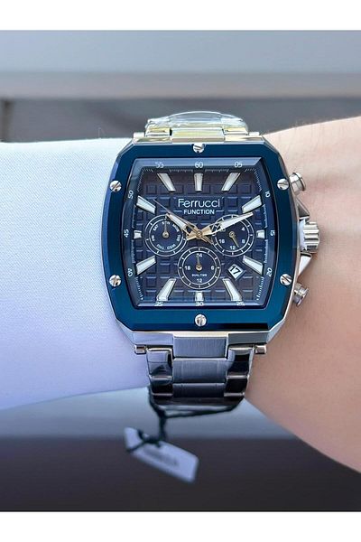 Ferrucci Men's Functions Active Square Case Silver Navy Blue Metal Cord Wrist Watch
