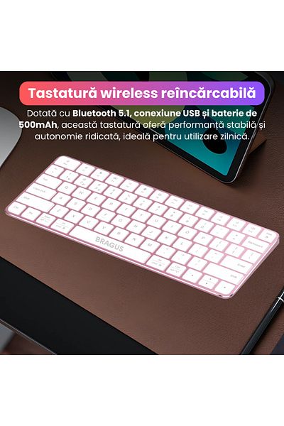 BRAGUS Wireless keyboard, rechargeable, Bluetooth 5.1, USB, 500mAh, aluminum, All Devices, pink
