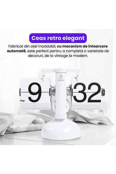 BRAGUS Retro clock, analog, suitable for a variety of decors, automatic, solid metal, White