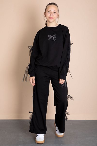 Cansın Mini Black Wide Leg Girls Tracksuit Set with Bow Detail on the Sides 21196