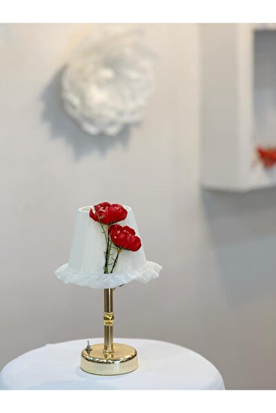 Maison Avf İpek Gelincik Kırmızı Kablosuz Pilli Masa Lambası - Uzun Parlak Gold