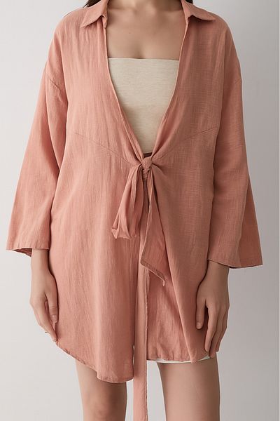 My Blog Lachsfarbenes Flam-Leinen-Kimono-Hemd