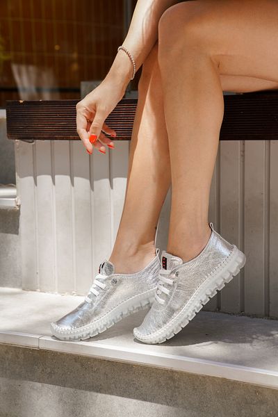 lovitto Soft Sole Inside and Outside Genuine Leather Women's Silver Shoes