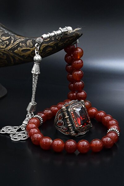 Prestige Doğal Akik Taşlı Tesbih Ve 925 Ayar Gümüş Yüzük Kırmızı Zirkon Taşlı...