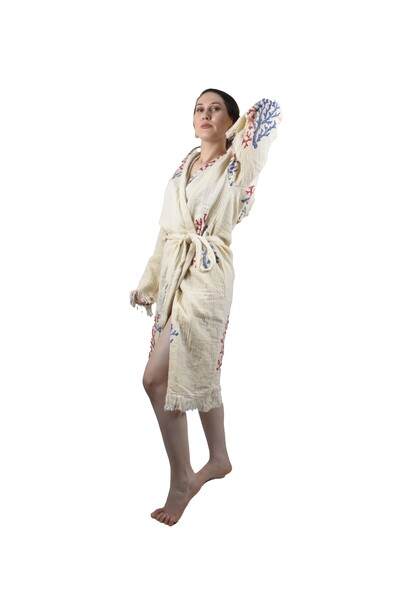FACCİ Blue Coral Muslin Peshtemal Cotton Bathrobe Tasseled Dressing Gown Cotton Muslin Hammam Dressing Gown