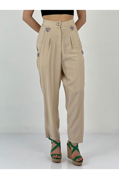 Miss Poem Women's Accessory Detailed Pleated Beige Trousers
