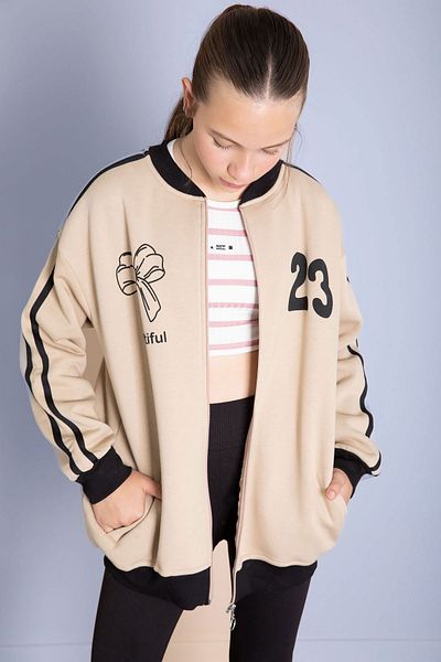Cansın Mini Beige Beautifull Written Sleeve Stripe Girl's College Cardigan 21195