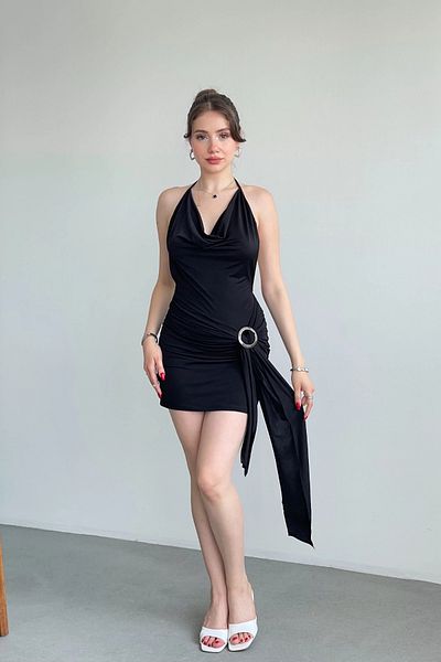 MOZENA Degaje Collar Deep Back Low-Cut Buckle Mini Dress