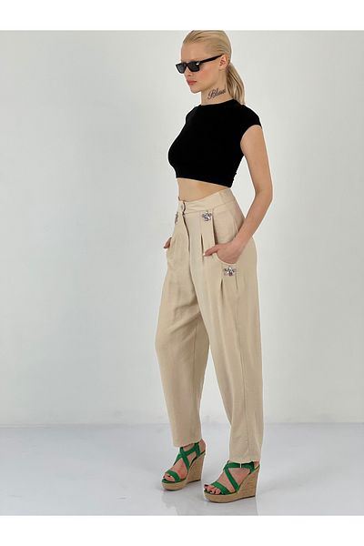 Miss Poem Women's Accessory Detailed Pleated Beige Trousers