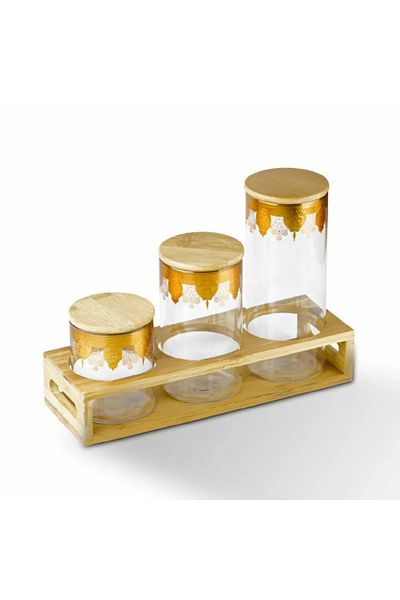 BASURRAH 3-piece spice box set with stand