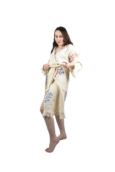 FACCİ Blue Coral Muslin Peshtemal Cotton Bathrobe Tasseled Dressing Gown Cotton Muslin Hammam Dressing Gown