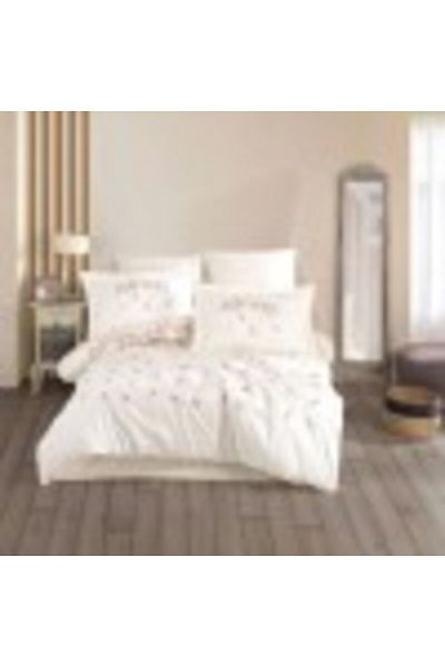 Hobby Lenjerie pat dublu din poplin fin cu broderie frunze, cearceaf pilotă 200x220cm, Lidia Crem