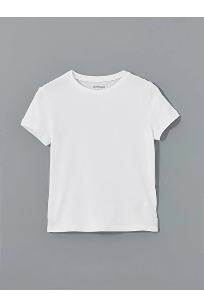 LC Waikiki White Crew Neck Plain Combed Cotton Girl's T-Shirt