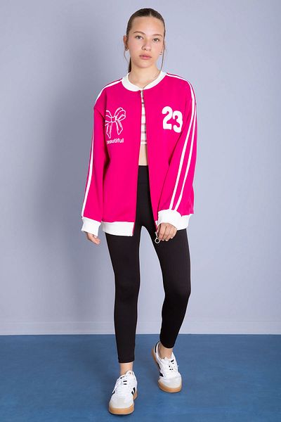 Cansın Mini Fuchsia Beautifull Written Sleeve Stripe Girl's College Cardigan 21194