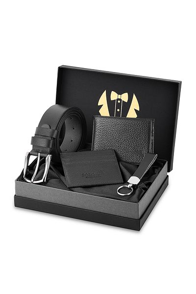 Polo Air Men's Groom Set 100% Genuine Leather Wallet Card Holder Belt Keychain Combination Black Color H-Dm-8002-S