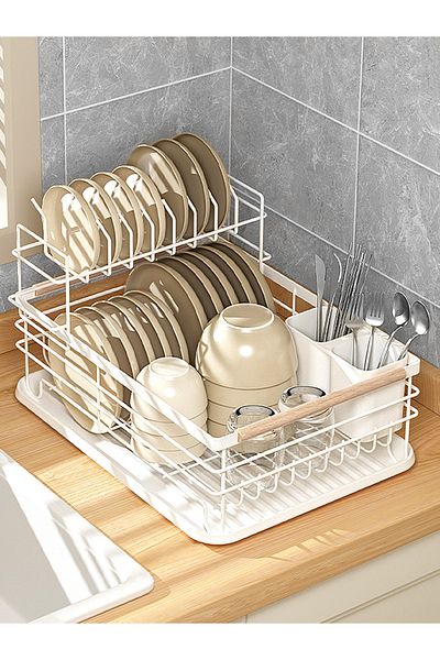 COOYA 2 layer Metal Dish Drying Rack with Tray, 43x33x15cm, Anti-Rust Removable, Organizer shelf