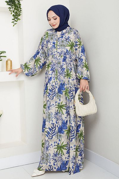 InStyle Mixed Palm Pattern Saks Blue Viscose Dress
