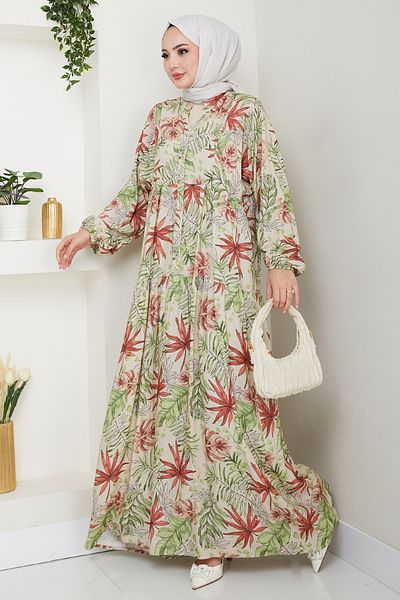 InStyle Mixed Palm Pattern Green Viscose Dress
