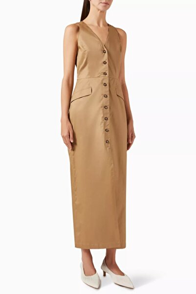 12storeez Cotton Maxi Dress, Modern Long Dress with V-Neck and Slit Beige