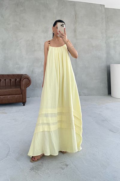 Seda Yalçın Atelier Yellow Beaded Strap Detailed Comfortable Linen Dress