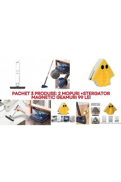 Blusmart Package of 3 cleaning products: adjustable triangular mop, hand sponge mop, and magnetic window wipe