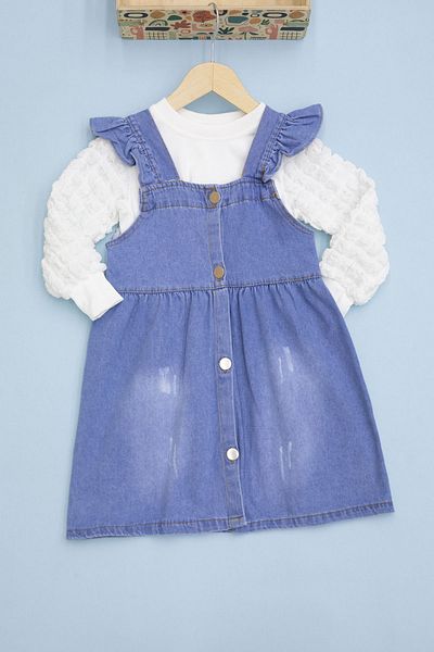 Cansın Mini Blue Ruffled Salopet and Sleeve Detailed Badi Girl's 2-Piece Set 20657